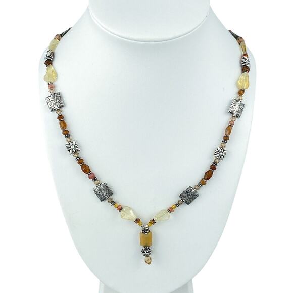 Gold Orange Clear Quartz Beaded Toggle Necklace | Vintage Silver Plated | 21" - Picture 1 of 8